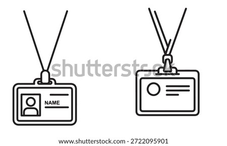 Two black and white line drawings of identification badges with lanyards. One badge shows a silhouette of a person and the word 'NAME'. The other badge shows a circle and lines.