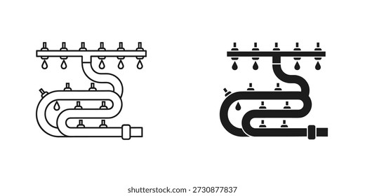 Two black and white line of drip irrigation systems with water droplets line black and white agricultural