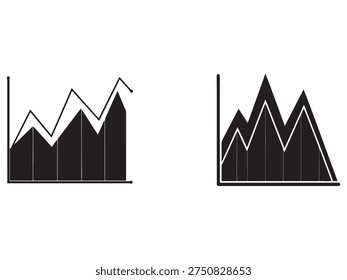 Two black and white line graphs on white background showing business data analysis and statistics with multiple peaks and valleys financial and economic growth trends