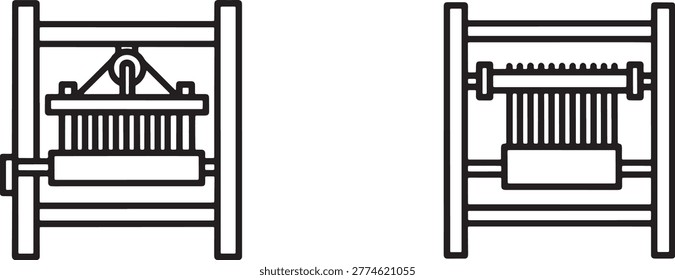 Two black and white line of industrial textile weaving looms with vertical warp threads and horizontal beams