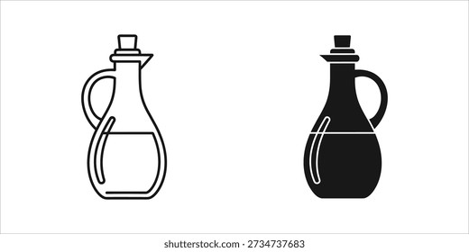 Two black and white line oil cruets with handles and caps