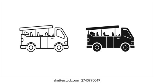 Two black and white line safari trucks side by side