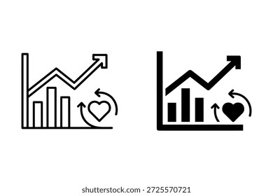 Duas linhas pretas e brancas mostrando gráficos de tendência ascendente com símbolos cardíacos e setas linha tendência ascendente