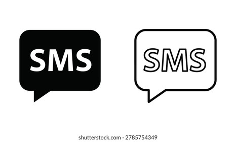 Two black and white linear icons depicting speech bubbles containing the text 'SMS'. These represent short message service communication.