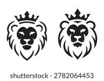 Two black and white lion head with crowns, 90 characters king animal silhouette
