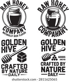 Two black and white logo designs for raw honey company featuring jars honey dipper blocks and text on white background