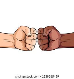 Two Black and White Male Fists Hitting Each Other. The Concept of Business Success, Teamwork, or Learning Together Success. Illustration on White Background