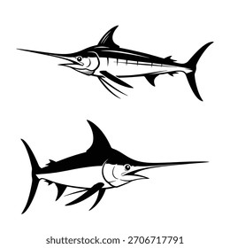 Dos Ilustraciones vectoriales de marlin blanco y negro nadan en direcciones opuestas sobre un fondo blanco limpio