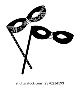 Two black and white masquerade masks on sticks, vector illustration for Mardi Gras and Purim