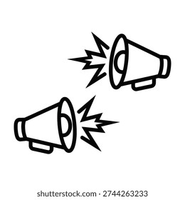 Two black and white megaphones amplify sound with dynamic energy radiating outward in bold graphic style for announcements and promotional campaigns
