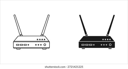Two black and white network routers with antennas and multiple ports on the front panel