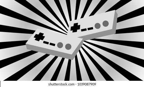 Two black and white old retro antique vintage hipster joysticks manipulators remotes from the 80's, 90's for a game console for video games on a background of black and white rays. Vector illustration