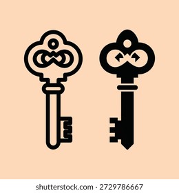 Dos llaves adornadas en blanco y negro sobre un fondo de melocotón que simboliza el acceso de seguridad y el misterio con detalles intrincados