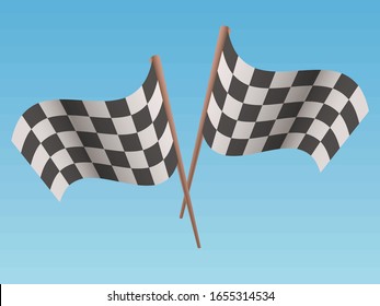 Two black and white pbject sports crossed flag with a shadow on a light sky background vector illustration.