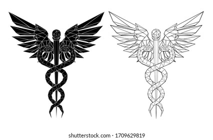 Two (black and white) polygonal Caduceus symbols on isolated background. Low poly symbol of medicine.