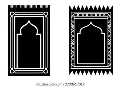 Dos diseños de alfombras de oración en blanco y negro con patrones geométricos y arcos