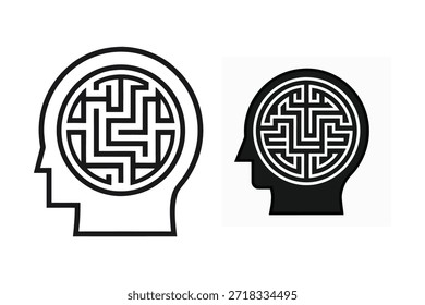 Two black and white profile heads with a maze inside the brain symbolizing complex thinking and problem solving
