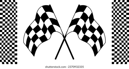 Dos banderas de carreras en blanco y negro. Banderas de carreras cruzadas, gráficos vectoriales de dos banderas de tablero de ajedrez.