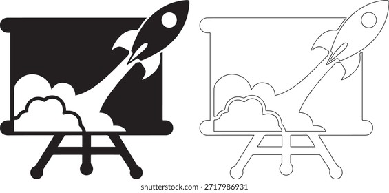Dos iconos de cohete en blanco y negro sobre un caballete sobre un fondo blanco puro, que representan la innovación, el progreso y la creatividad en un estilo simple y artístico.