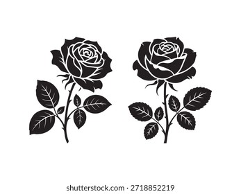 Dos siluetas de rosa en blanco y negro con hojas y subgrupos florales