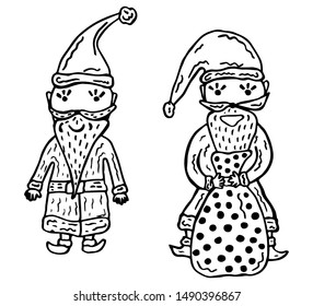 Two black and white Santa Clauses in Scandinavian style, hand-drawn on a white background. New Year and Christmas doodles coloring pages. Vector illustration for children.