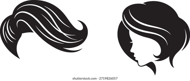 Two black and white silhouette profiles of women with different hairstyles facing each other