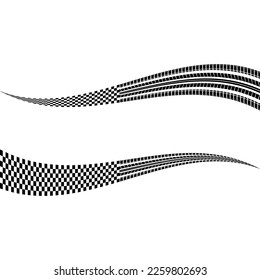Two black and white sport flags silhouettes for start and finish lines with tire tracks isolated on white background