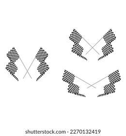 Two black and white sport flags silhouettes for start and finish lines. Checkered flags perspective background with gradient white wallpaper