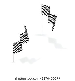 Two black and white sport flags silhouettes for start and finish lines. Big sport race checkered flags with blured shadows isolated on white background