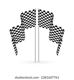 Two black and white sport flags silhouettes for start and finish lines. Checkered flags perspective background with gradient white wallpaper