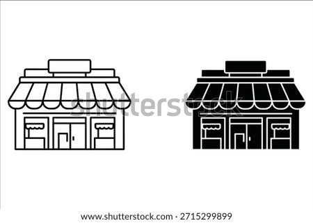 Two black and white storefronts with awnings and windows
