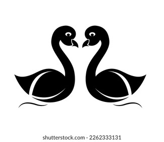 Two black and white swans together isolated on white background - vector illustration