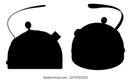 Two black and white teapots with a handle. One is a small teapot with a lid and the other is a larger teapot with a handle