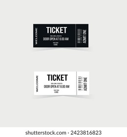 Two black and white tickets for circus, concert, boarding, lottery, movie and coupon white background	
