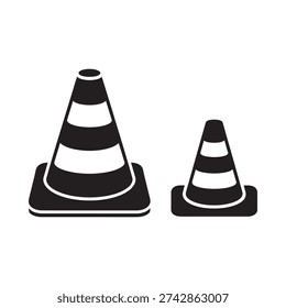 Two black and white traffic cones of differing sizes are displayed