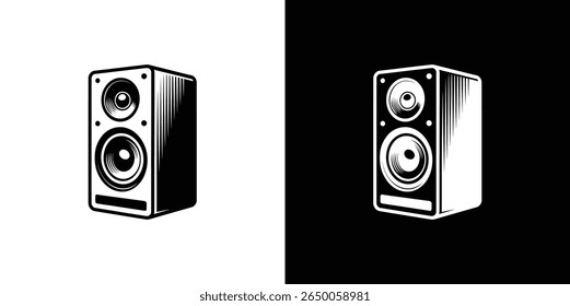 Two black and white variations of a speaker with a distinctive design. Sound system icon, isolated on a split background; audio equipment.