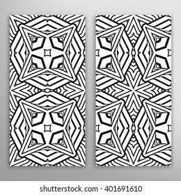 Two Black and White Vector Designs that tiles seamlessly. Abstract background, wedding invitation or greeting card design with geometric pattern, ornamental vector illustration