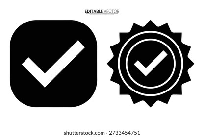 Two black and white vector icons depicting checkmarks within a square and circular badge