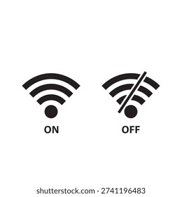 Two black and white vector icons illustrating Wi-Fi signal status, one showing 'ON' with a full signal and the other 'OFF' with a diagonal line indicating no connection.
