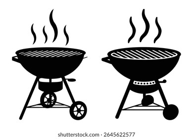 Two black and white vector illustrations of charcoal grills with smoke rising, isolated on a white background.