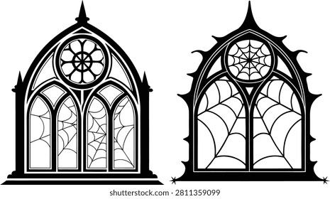 Two black and white vector illustrations of ornate gothic-style windows decorated with spider webs, perfect for Halloween designs.