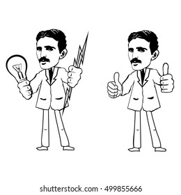 Two black and white vector image of Nikola Tesla. Tesla holds a lightning and a light bulb or shows thumbs up