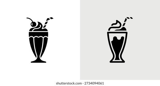 Two black and white vector images depicting a milkshake with toppings in a glass.