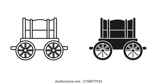 Two black and white wagon carts with wheels and wooden frames