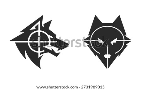 Two black and white wolf head symbols with crosshairs and arrows in a gaming remote control context