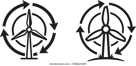 Two black wind turbine icons with circular arrows, representing renewable energy and sustainable power generation on a white background.