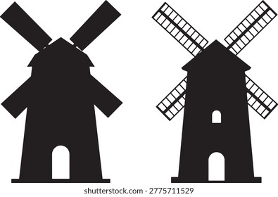 Two black windmill silhouette icons with different details. Countryside, farm, industry, agriculture concept.