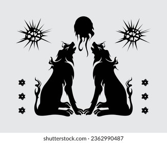 Two black wolf silhouette illustration vector clip art, eclipse moon, fox, t shirt design, stealth editable