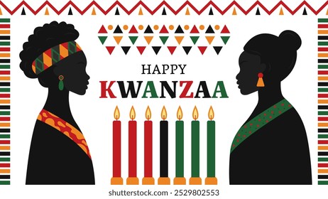 Dos mujeres negras con ropa tradicional y peinados celebrando kwanzaa cerca de las siete velas. Ilustración vectorial.