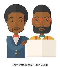 Two black workers using laptop. A Contemporary style. Vector flat design illustration isolated white background. Square layout.